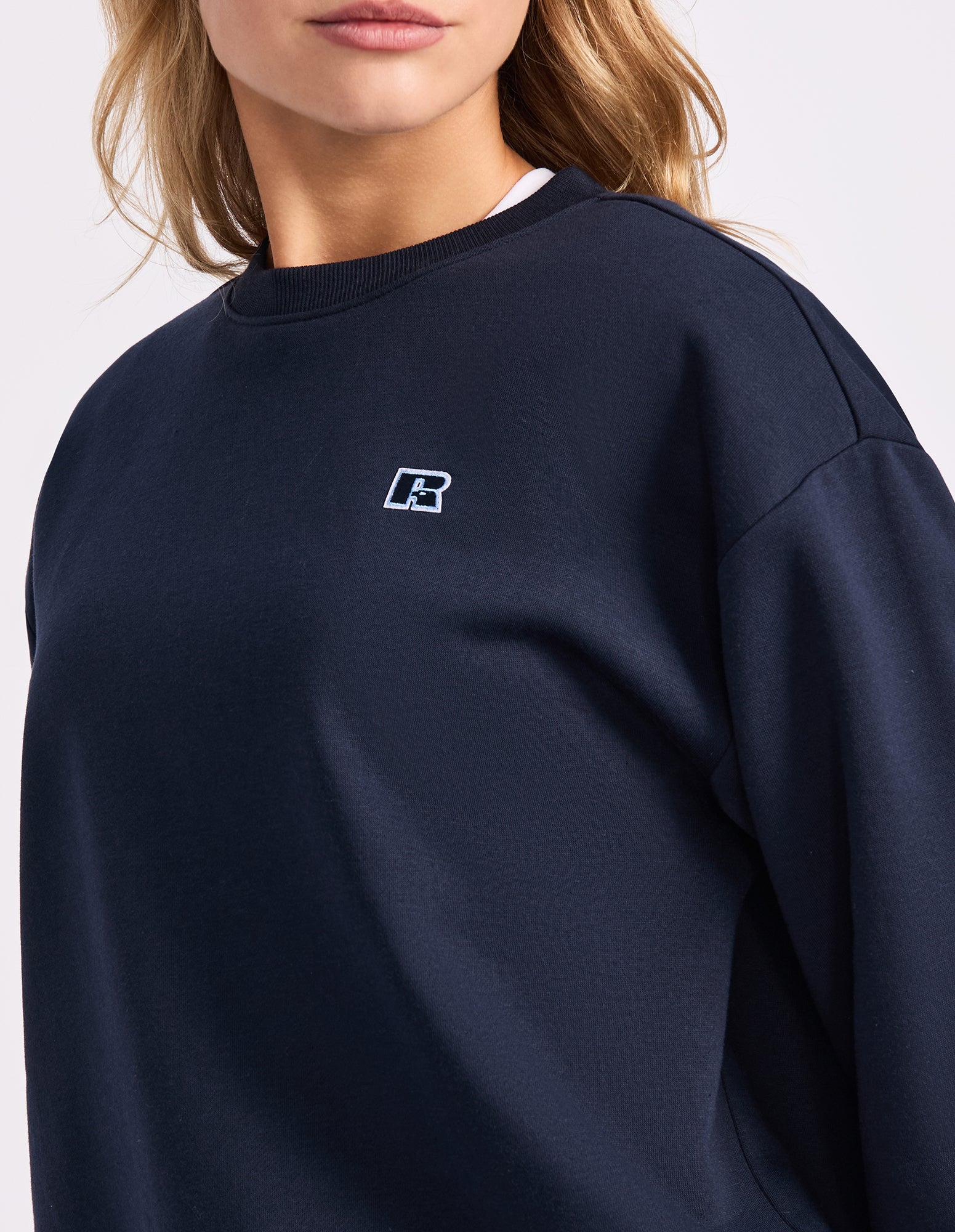 Russell Athletic Australia R Logo Fleece Womens Crew - Michigan Navy True Since 1902