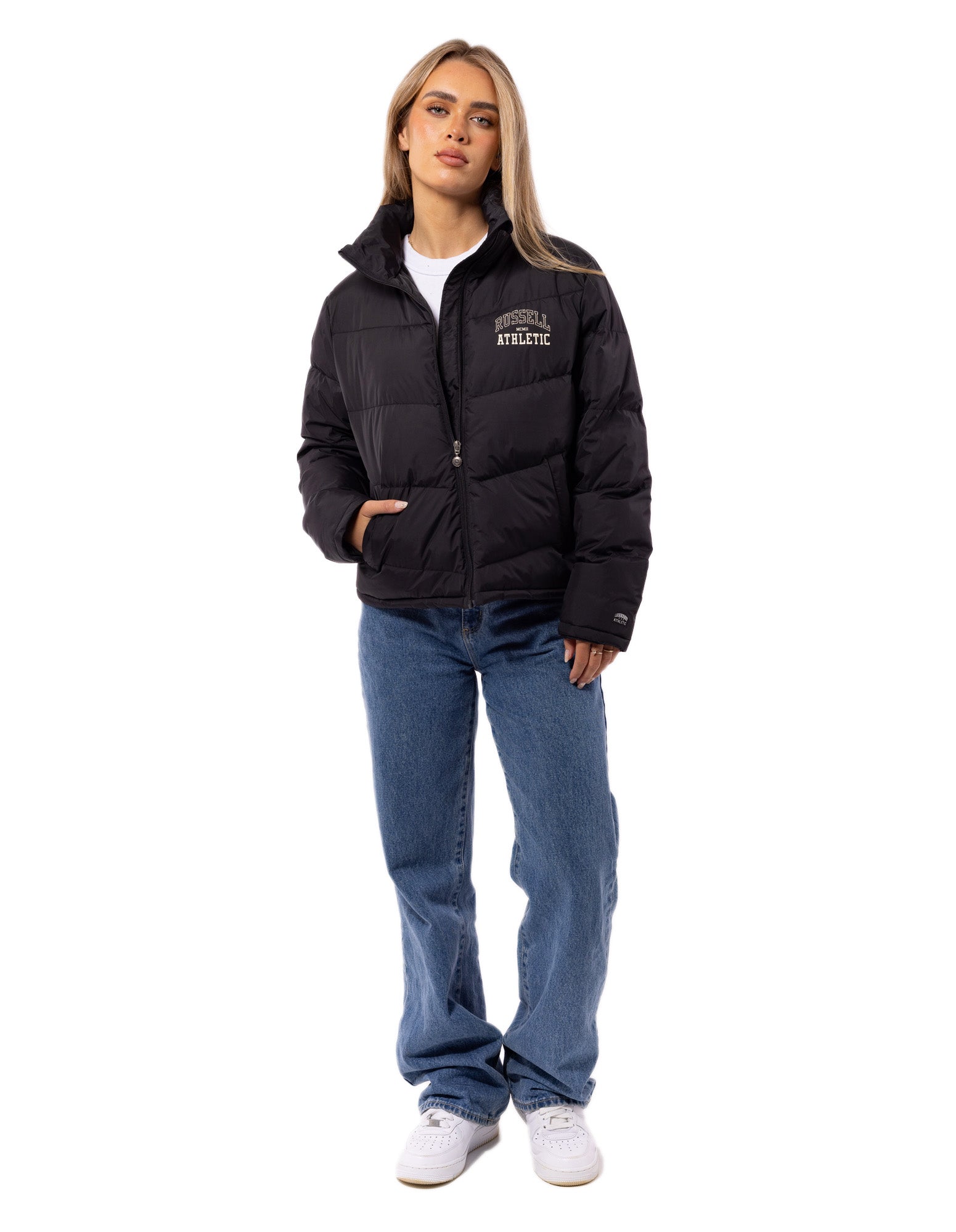 Russell Athletic Australia Women's Arch Logo Puffer Jacket - Black True Since 1902