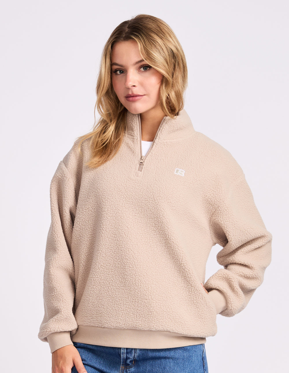 Russell Athletic Australia R Logo Sherpa Quarter Zip - Biscuit True Since 1902