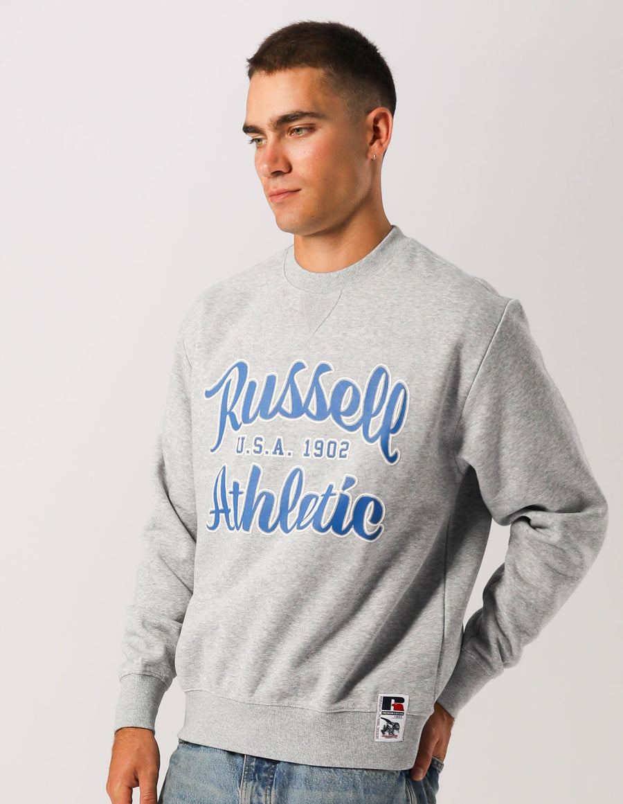Russell Athletic Australia Men's Script Arch Crew Sweat - Grey Marle True Since 1902