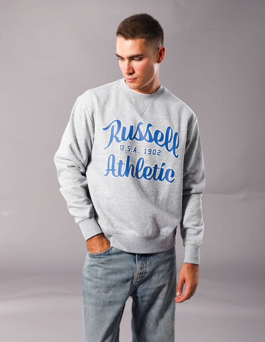 Russell Athletic Australia Men's Script Arch Crew Sweat - Grey Marle True Since 1902