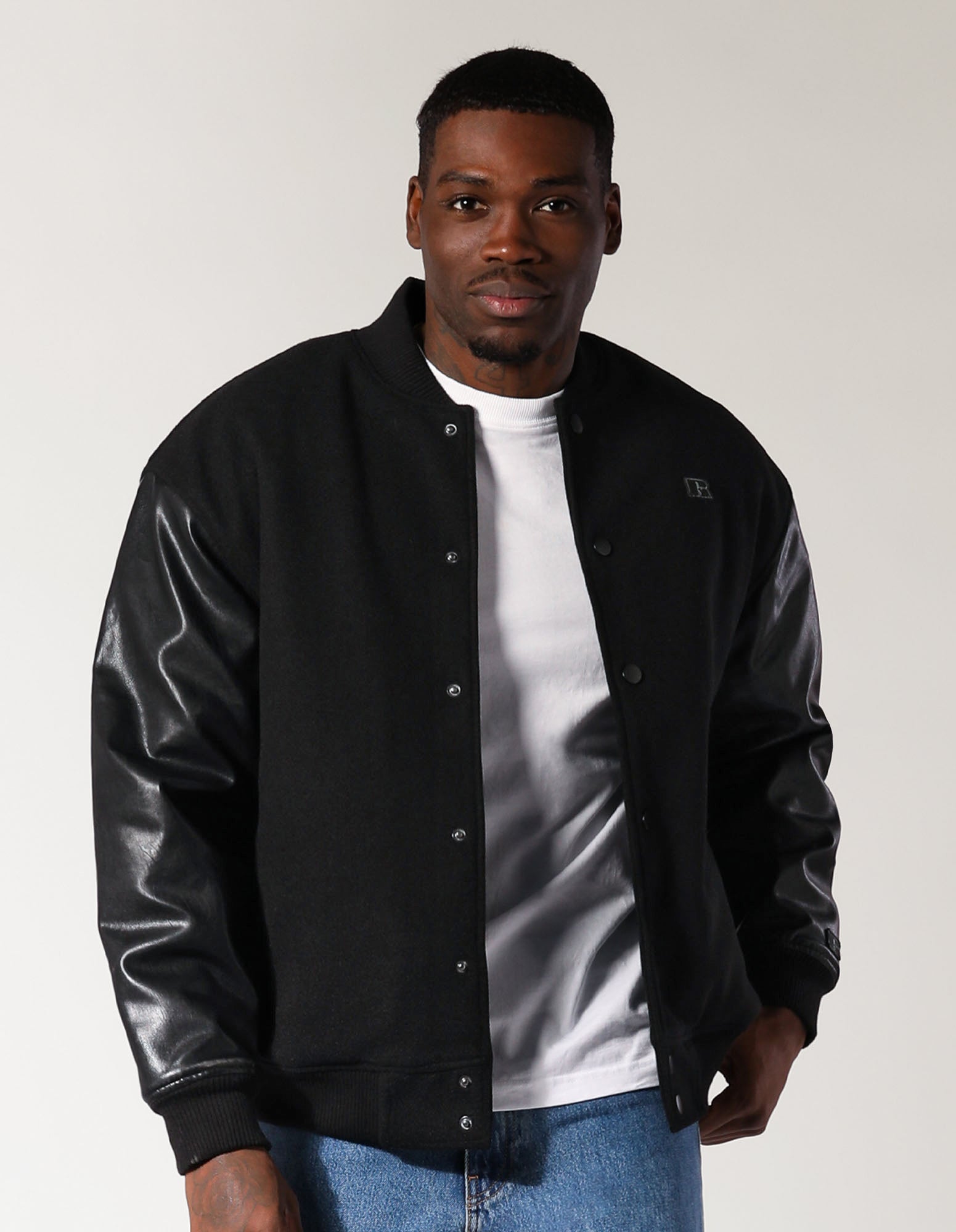 Men's R Logo Melton Varsity Jacket - Black