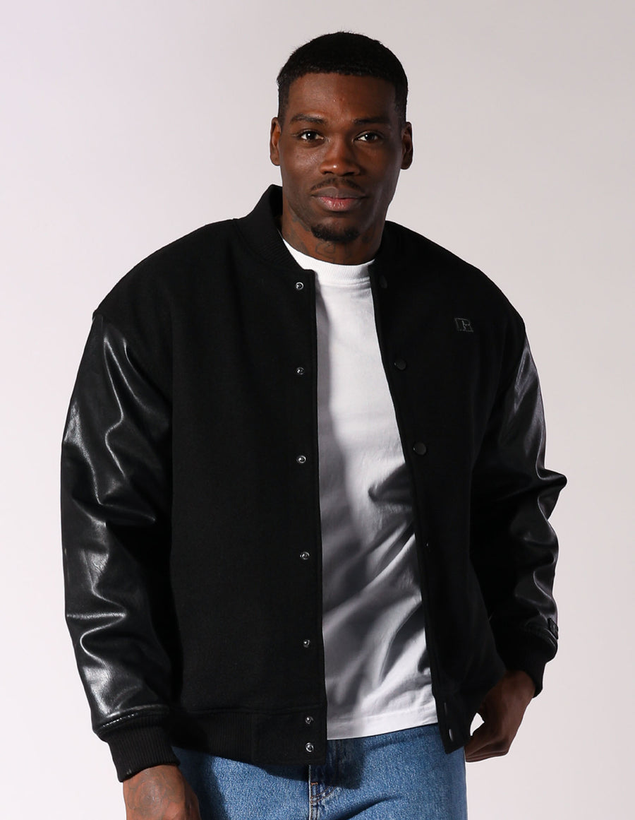 Russell Athletic Australia Men's R Logo Melton Varsity Jacket - Black True Since 1902