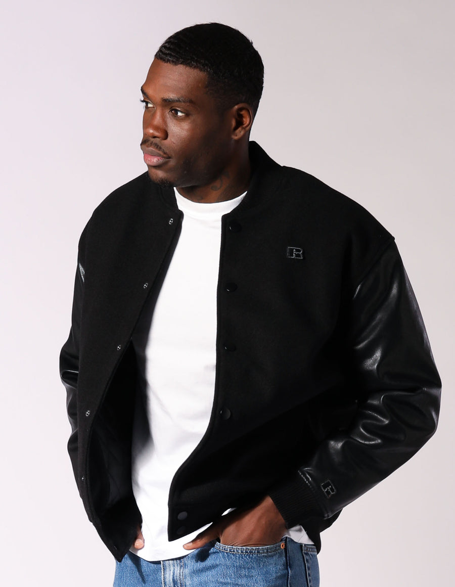 Russell Athletic Australia Men's R Logo Melton Varsity Jacket - Black True Since 1902