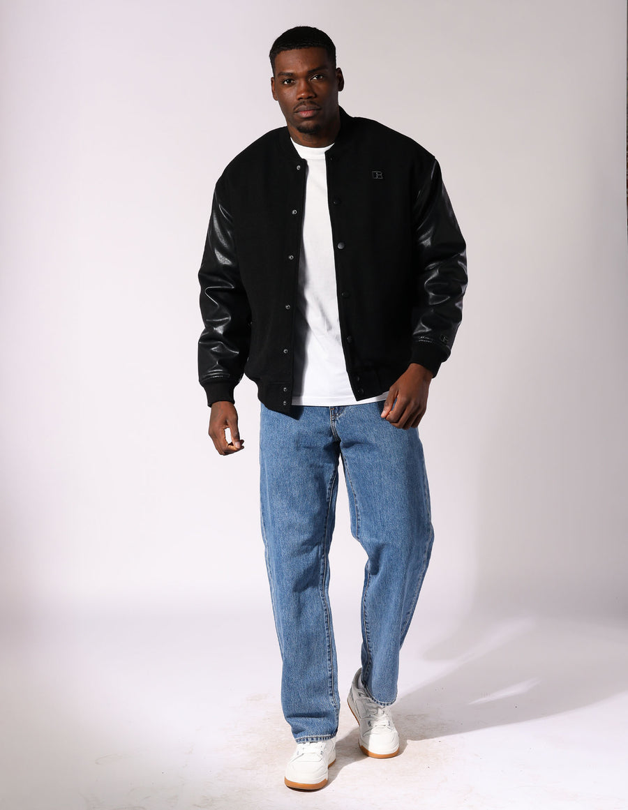 Russell Athletic Australia Men's R Logo Melton Varsity Jacket - Black True Since 1902