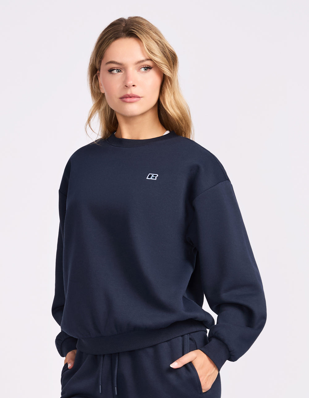 Russell Athletic Australia R Logo Fleece Womens Crew - Michigan Navy True Since 1902