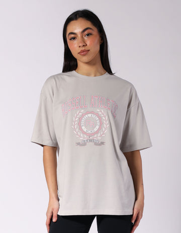 Russell Athletic Australia Women's R Logo French Terry Oversized Tee - Antarctica White True Since 1902