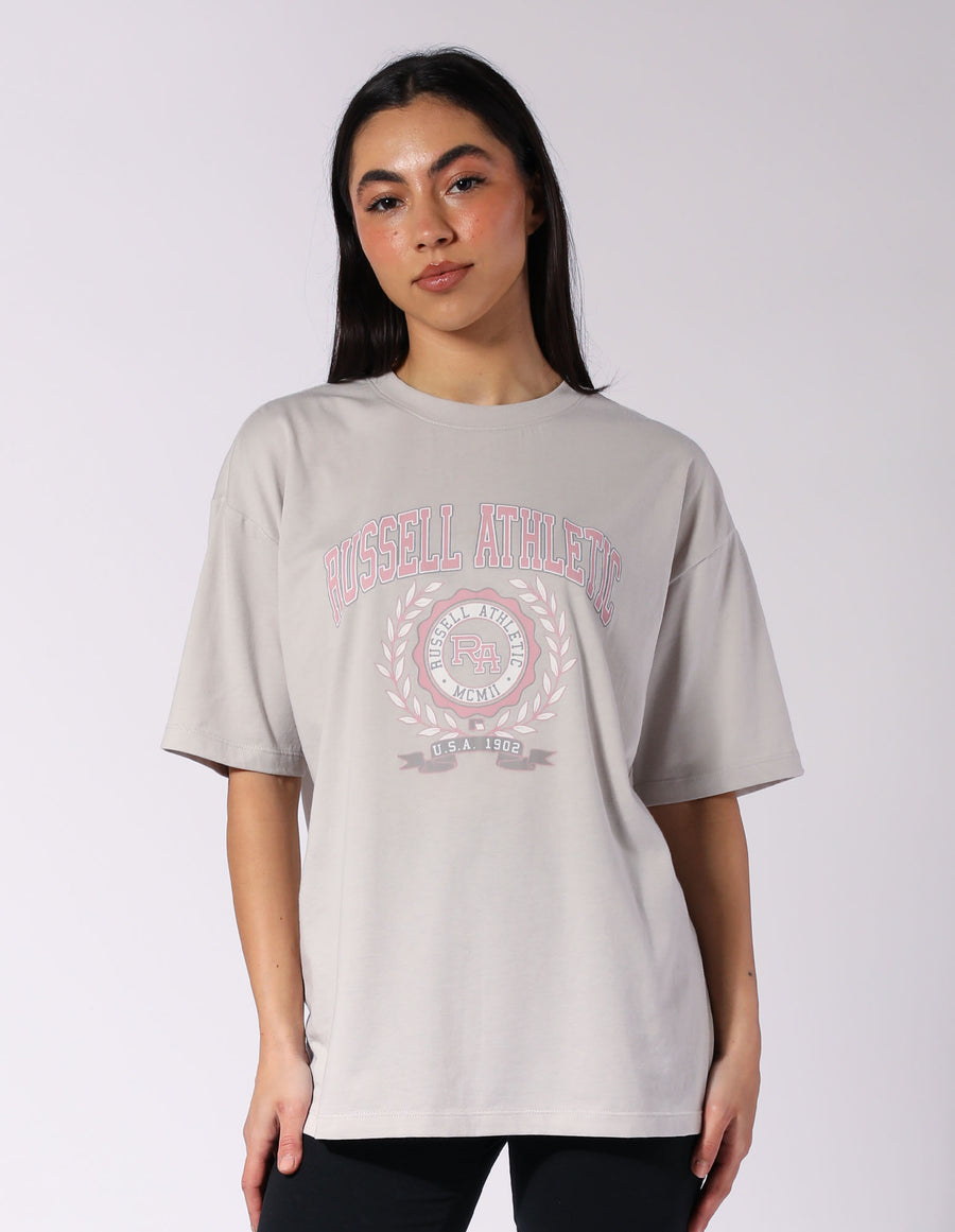 Russell Athletic Australia Women's R Logo French Terry Oversized Tee - Antarctica White True Since 1902