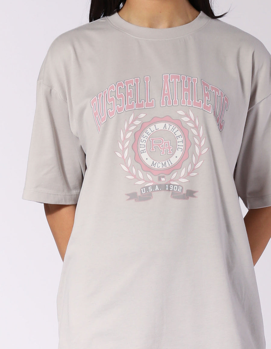 Russell Athletic Australia Women's R Logo French Terry Oversized Tee - Antarctica White True Since 1902