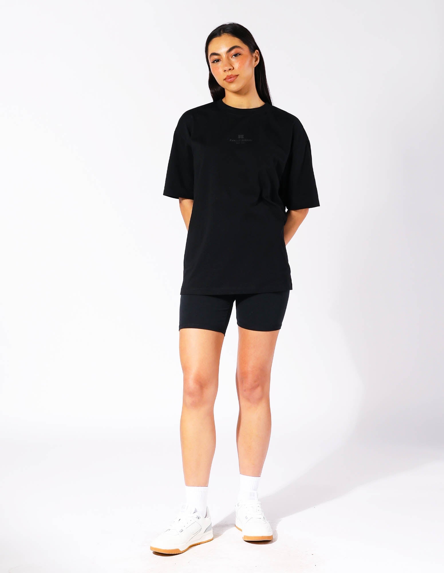Russell Athletic Australia Women's Oversized Tonal Logo  Black Tee | Russell Athletic True Since 1902