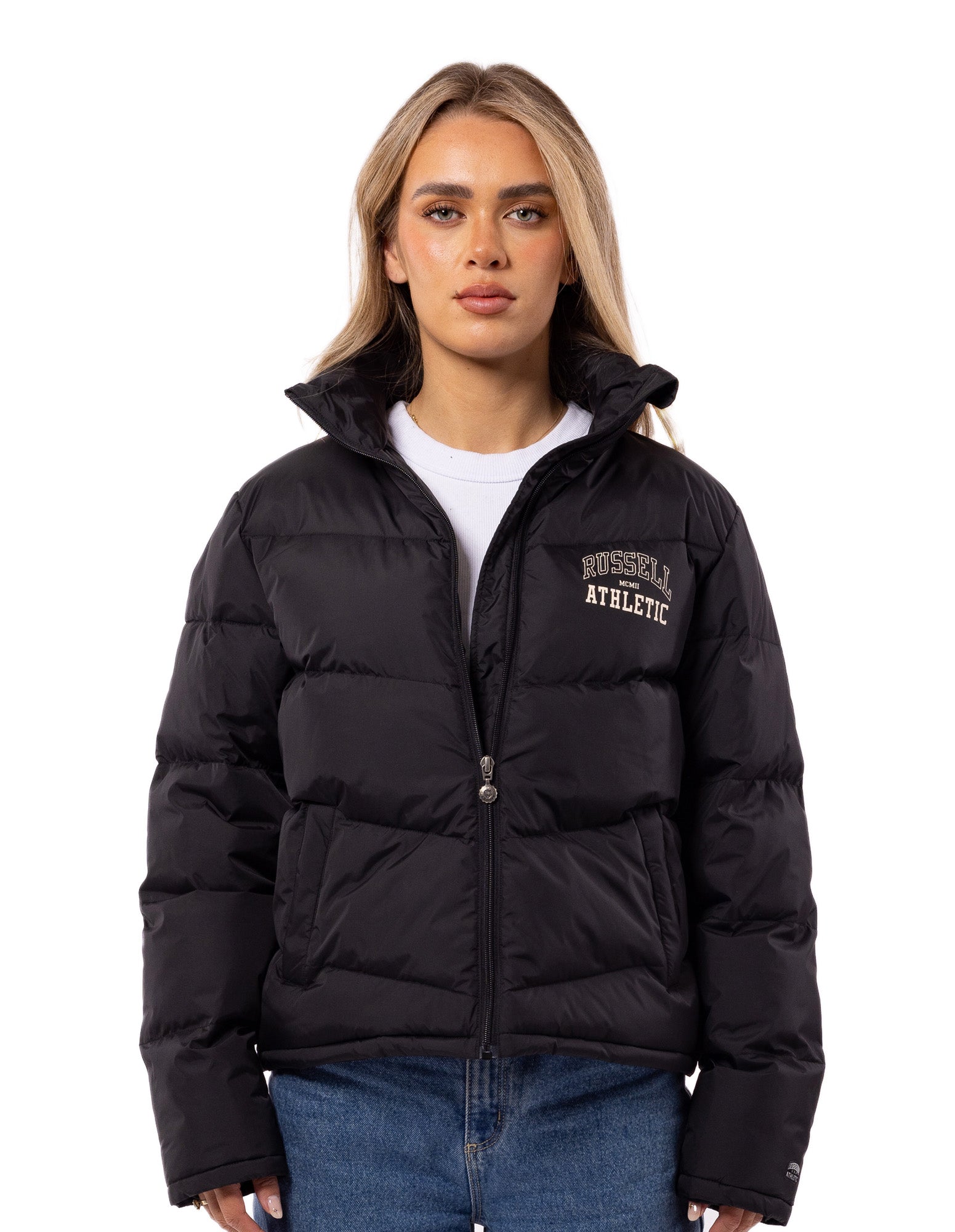 Russell Athletic Australia Women's Arch Logo Puffer Jacket - Black True Since 1902