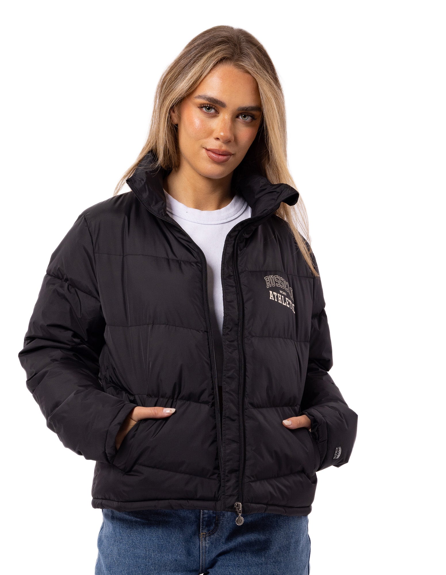 Russell Athletic Australia Women's Arch Logo Puffer Jacket - Black True Since 1902